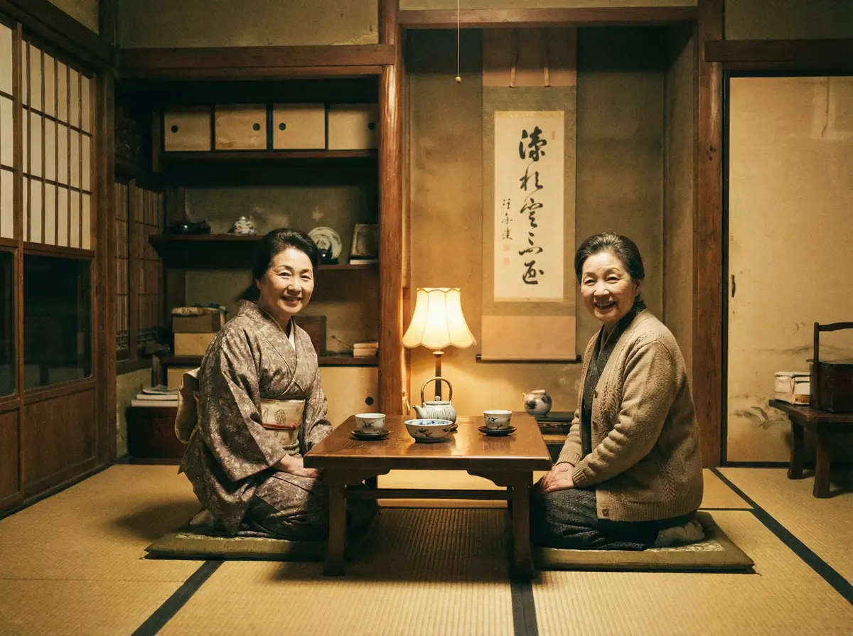 两位优雅的 蘑菇成长9.1.0最新版 在日式茶室中品茶交谈